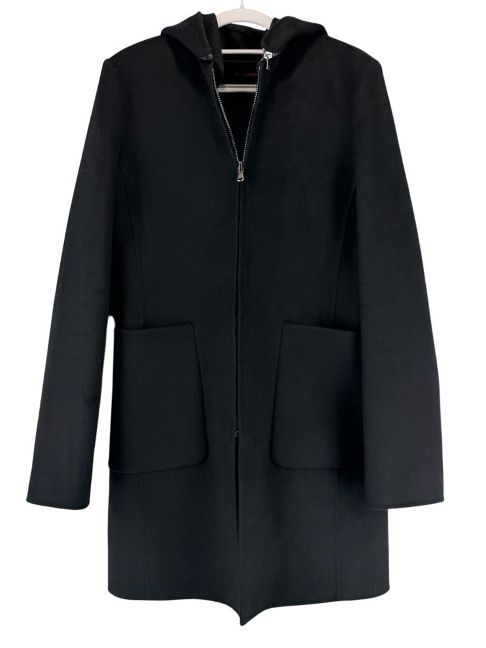 John Varvatos 100% Wool Hooded Car Coat Zip Up Black Sz 42 / XS